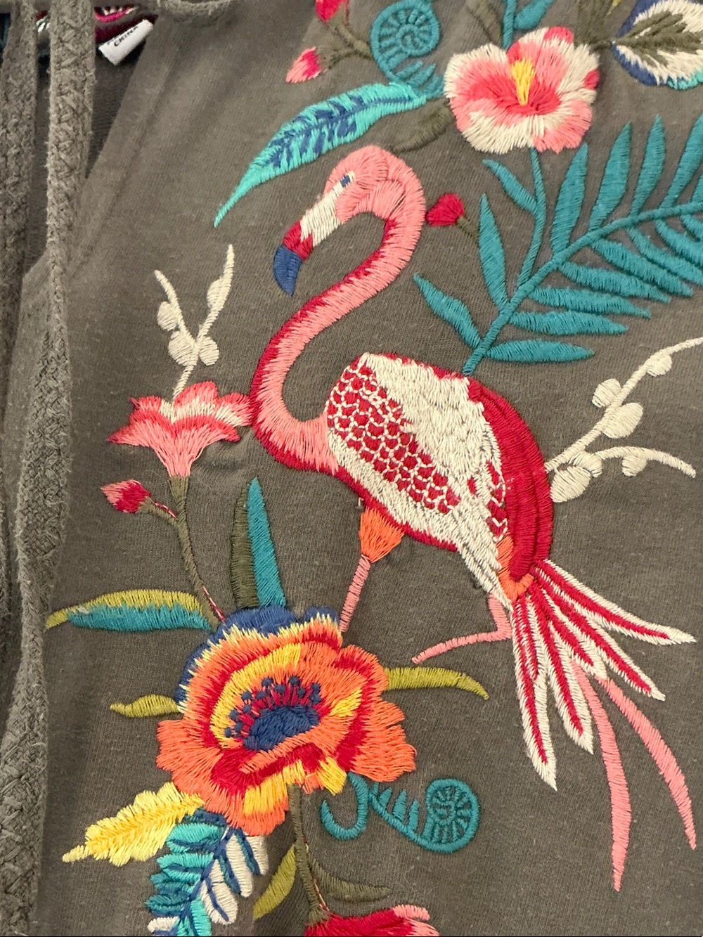 Johnny Was Dark Gray Embroidered Flamingo Pullover - Picture 2 of 5